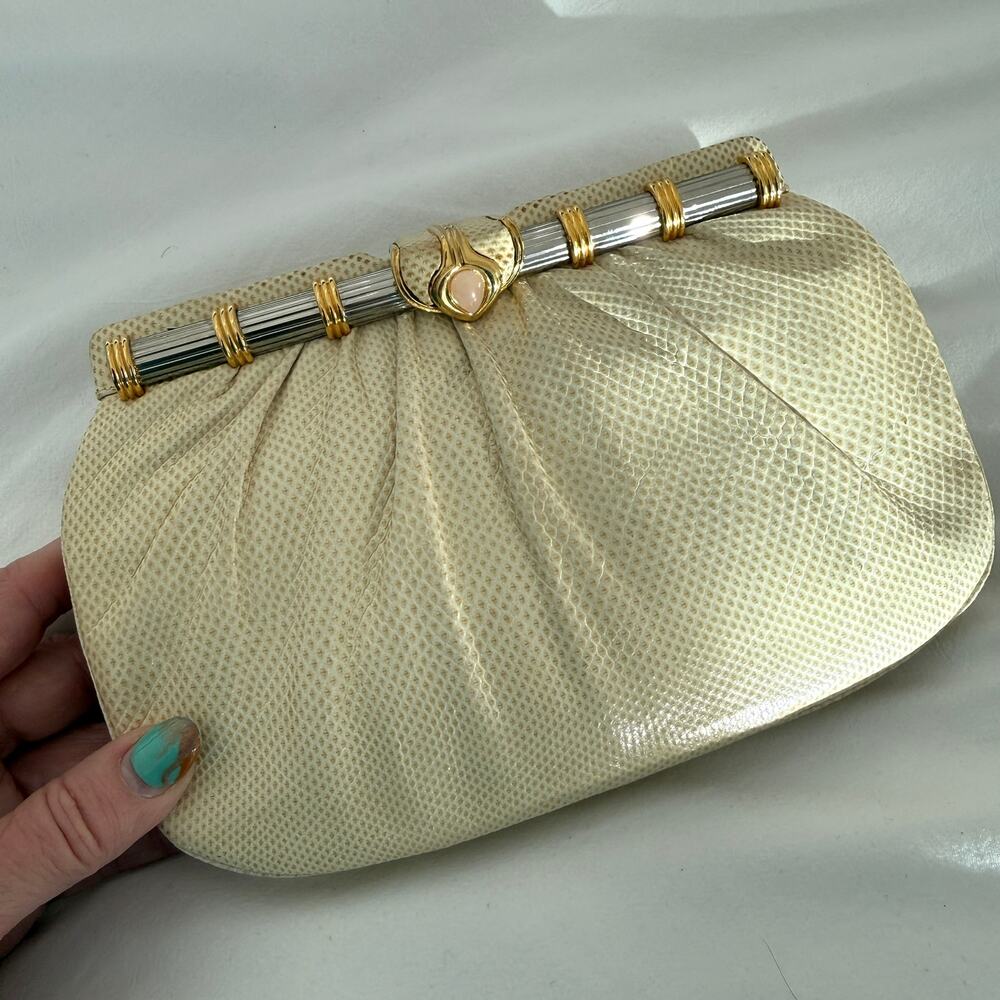 Judith Leiber Vintage Lizard Leather Clutch Gold Frame Evening Quiet Luxury Rare - Picture 4 of 9